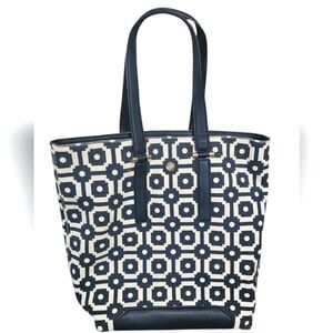 TORY BURCH Canvas And Leather Geometric Print Large Tote Bag In Navy/white.